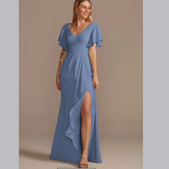 david's bridal flutter sleeve bridesmaid dress with cascade David's Bridal | Dresses | Flutter Sleeve Bridesmaid Dress With Cascade  Steel Blue